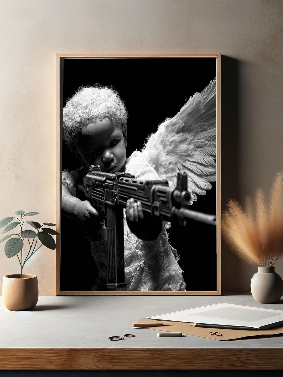 Angel Child with Rifle Black-White Print. — room view 2