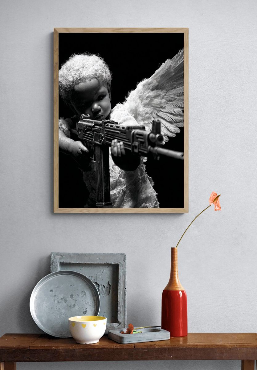 Angel Child with Rifle Black-White Print. — room view 3