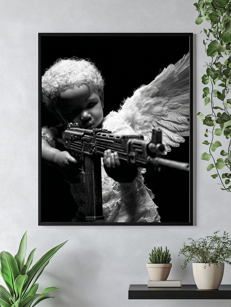 Angel Child with Rifle Black-White Print. — room view 4