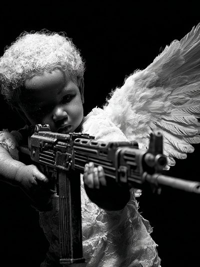 Angel Child with Rifle Black-White Print. poster