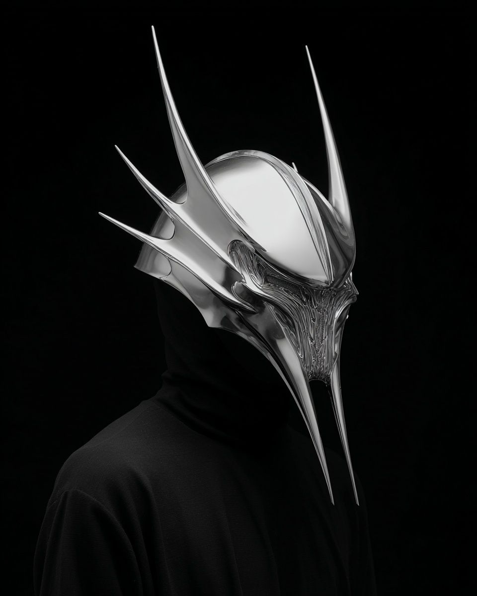 Chrome Horned Mask Portrait Print. poster detail
