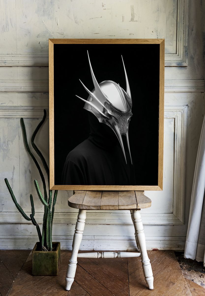 Chrome Horned Mask Portrait Print. — room view 1