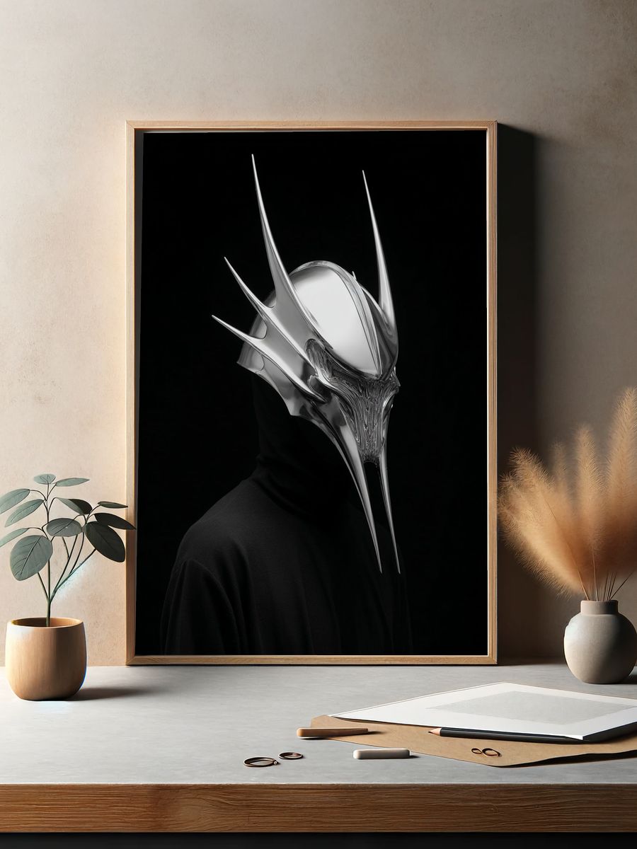 Chrome Horned Mask Portrait Print. — room view 2