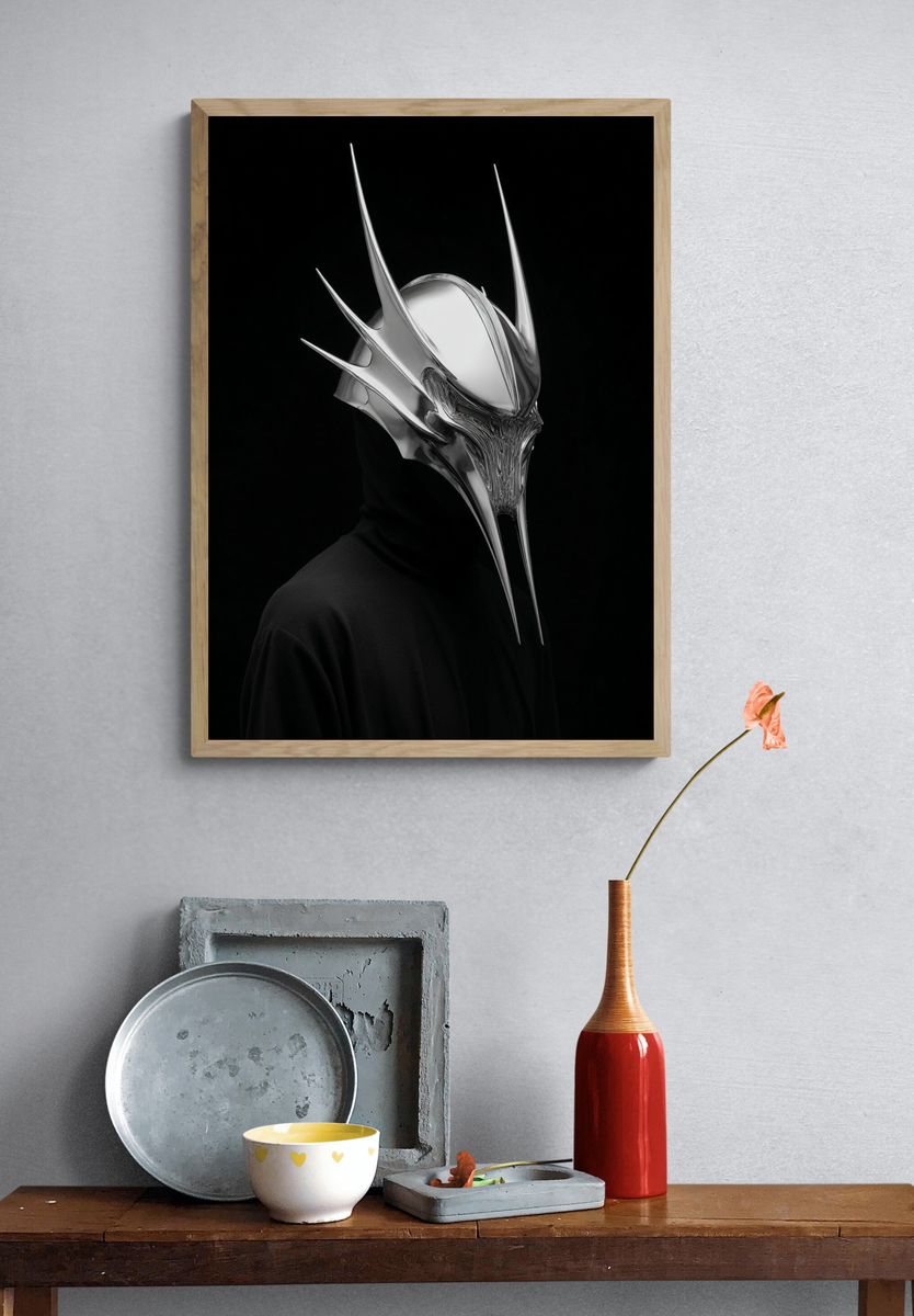 Chrome Horned Mask Portrait Print. — room view 3