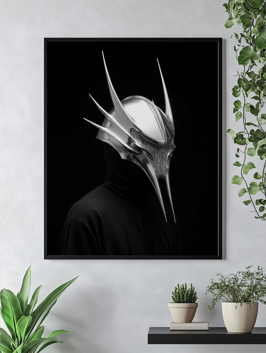 Chrome Horned Mask Portrait Print. — room view 4