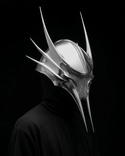 Chrome Horned Mask Portrait Print. poster