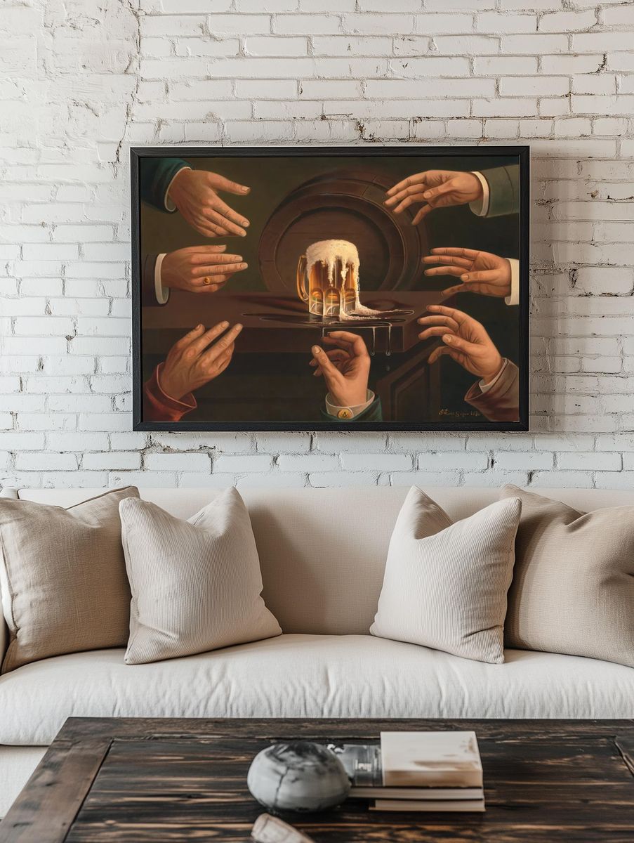 Seven male hands encircling mug. — room view 1