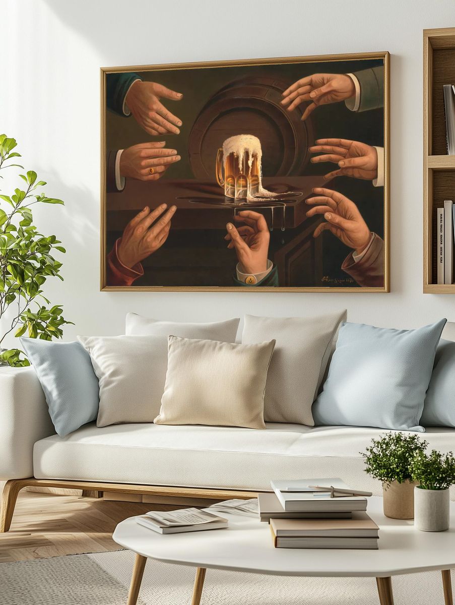 Seven male hands encircling mug. — room view 2