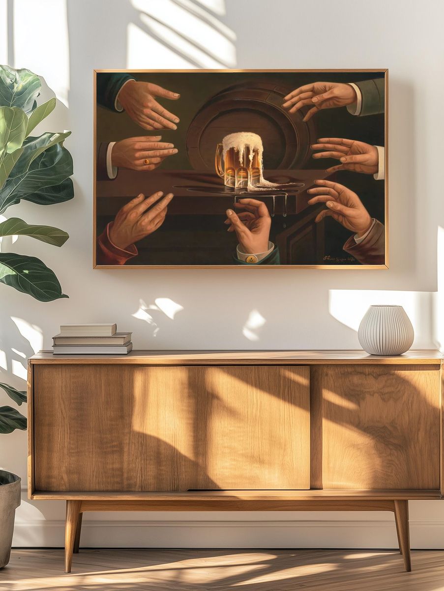 Seven male hands encircling mug. — room view 3