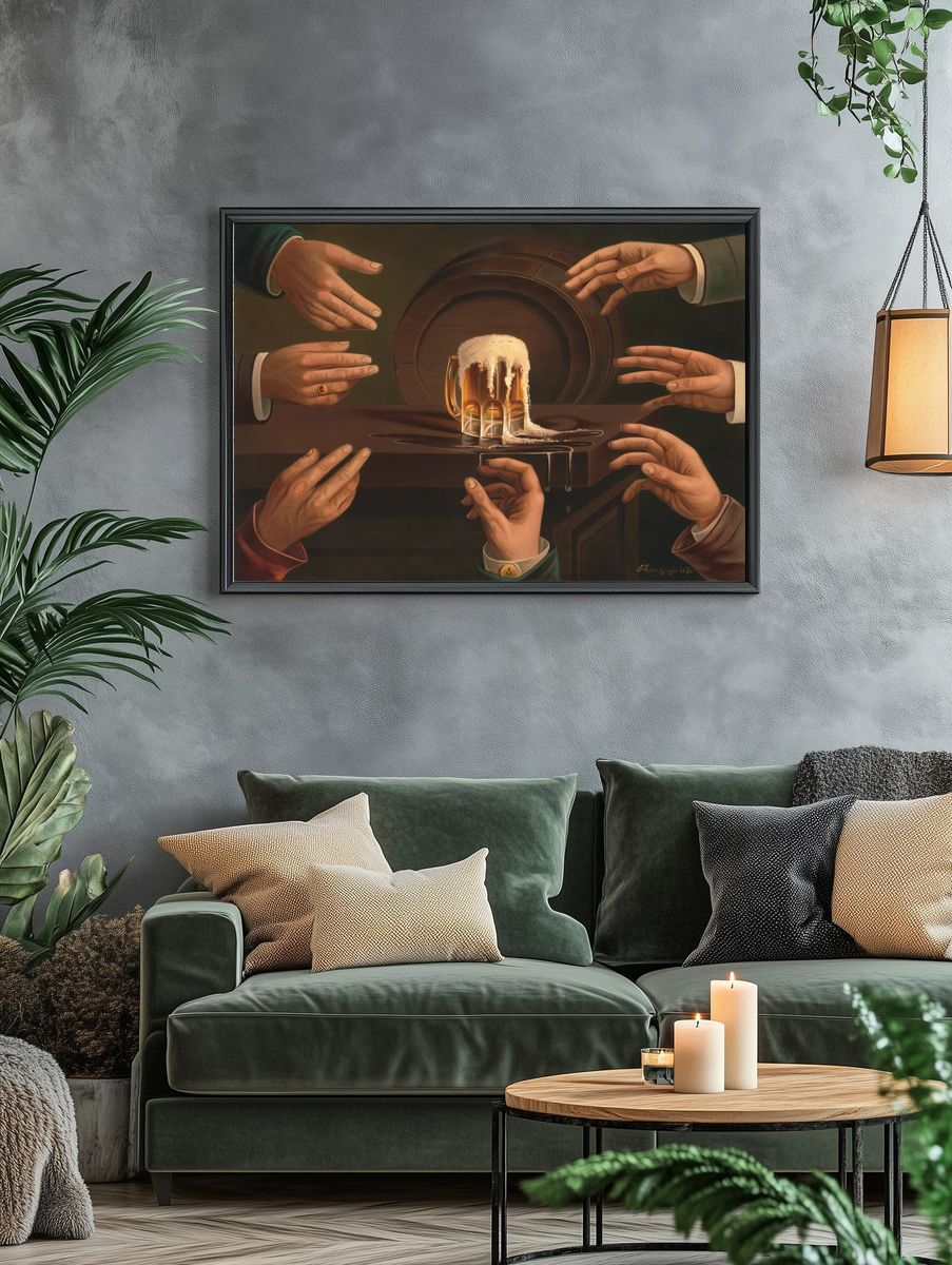 Seven male hands encircling mug. — room view 4