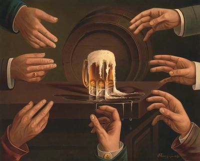 Seven male hands encircling mug. poster print