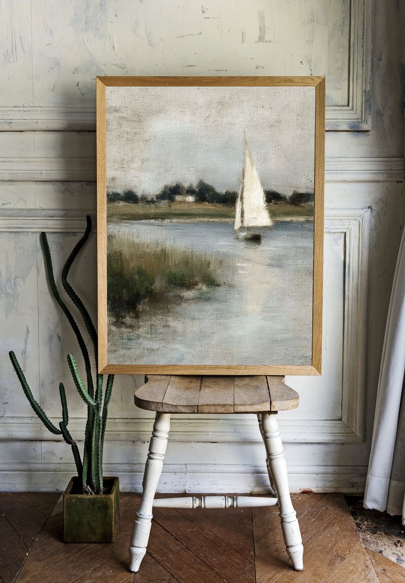 Sailboat on Calm Water Print. — room view 1