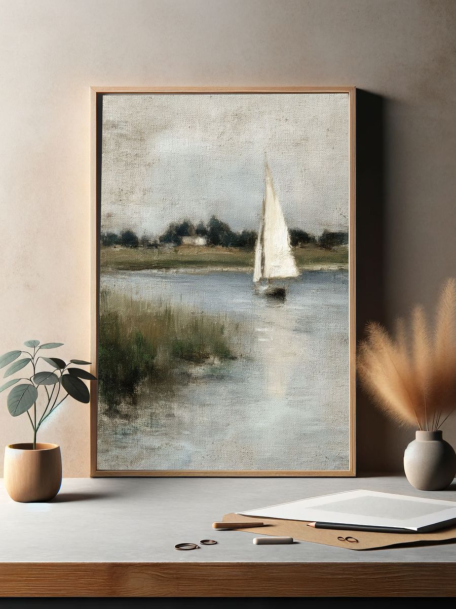 Sailboat on Calm Water Print. — room view 2