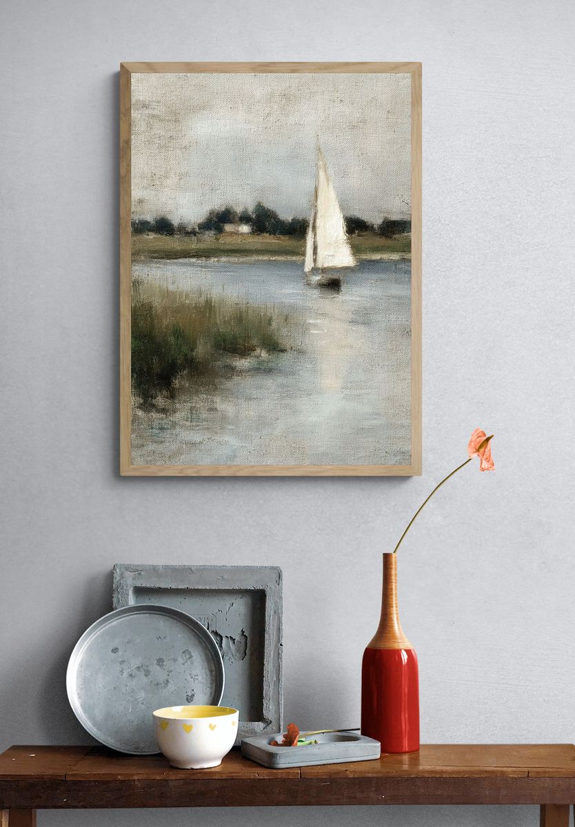 Sailboat on Calm Water Print. — room view 3