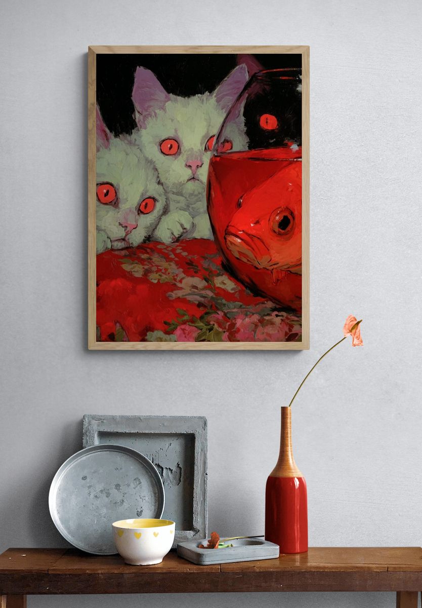 Surreal Cats and Goldfish Poster. — room view 3
