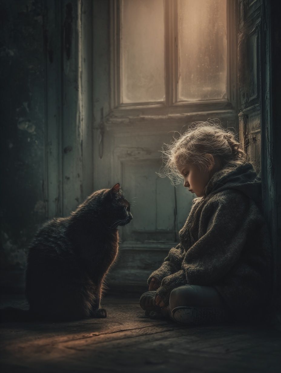 Girl and Cat Portrait Print. poster detail