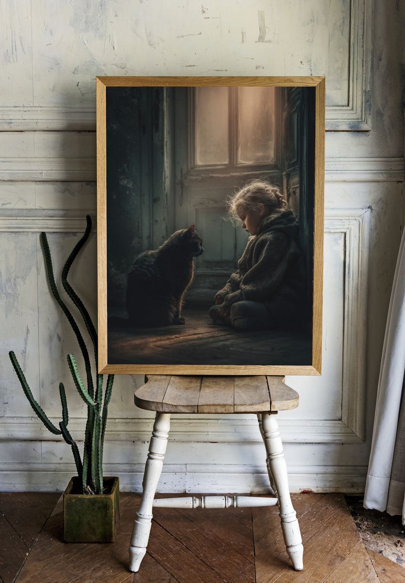 Girl and Cat Portrait Print. — room view 1