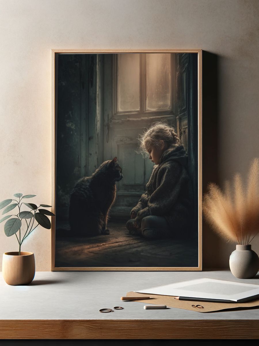 Girl and Cat Portrait Print. — room view 2