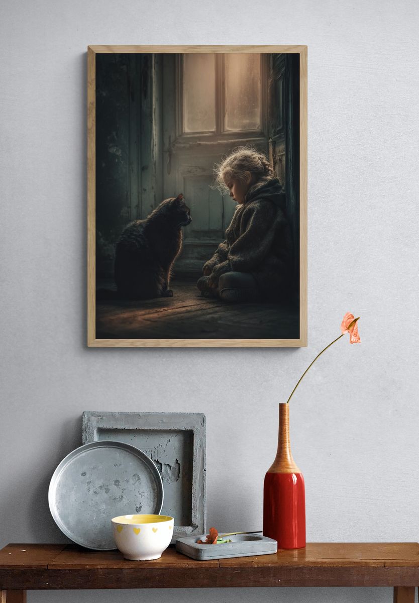 Girl and Cat Portrait Print. — room view 3