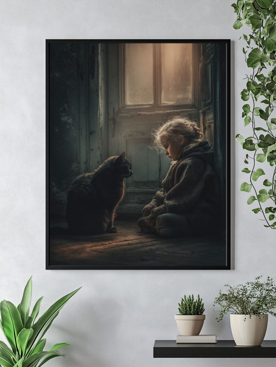 Girl and Cat Portrait Print. — room view 4