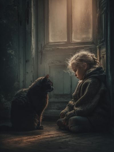 Girl and Cat Portrait Print. poster print