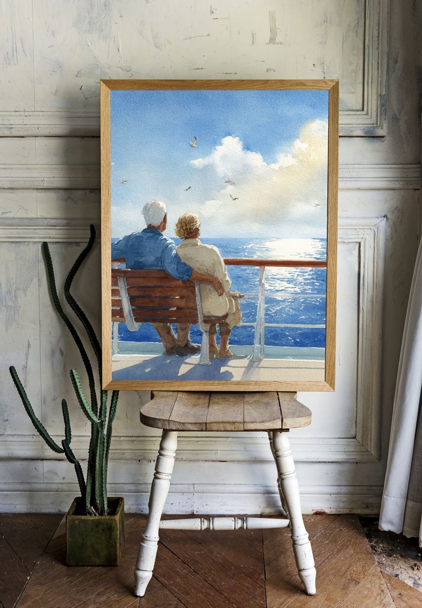 Seaside Couple Watercolor Poster. — room view 1