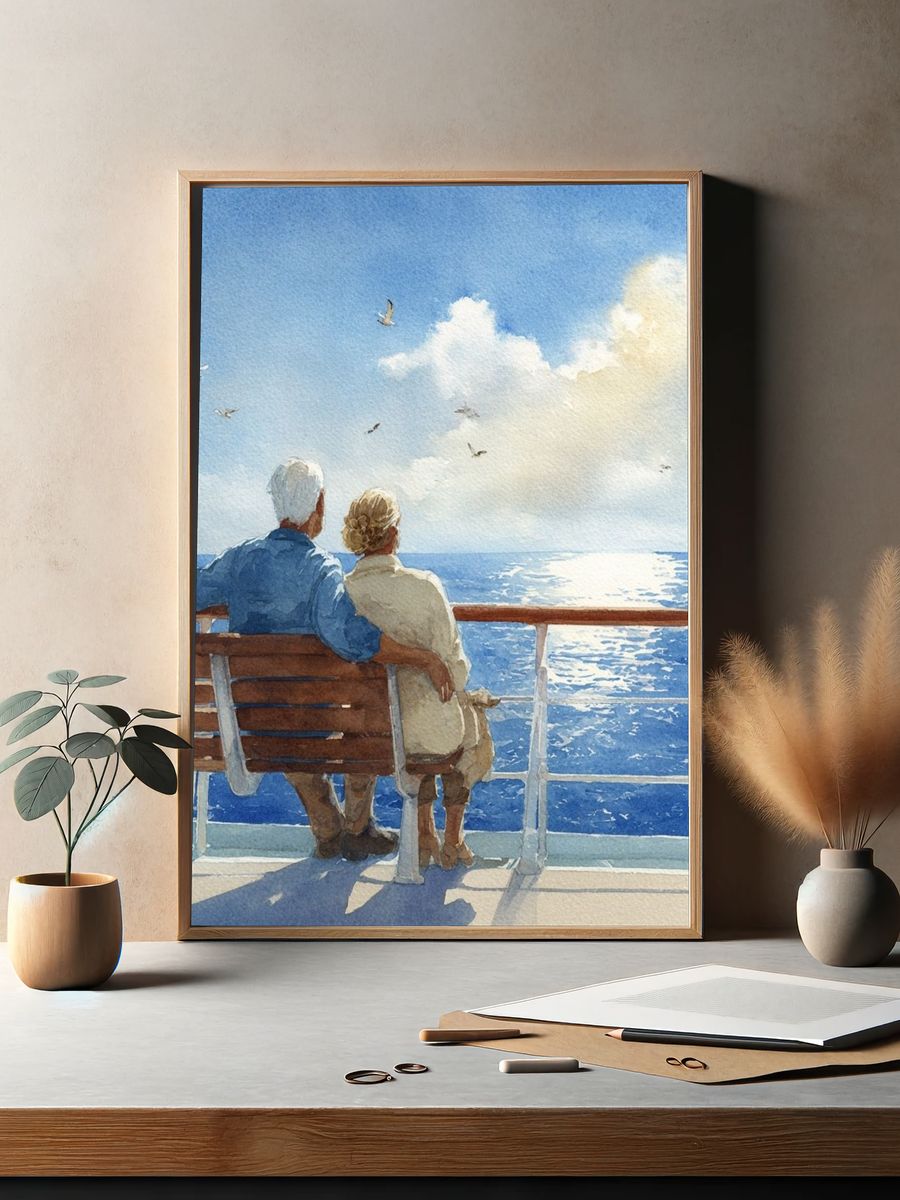Seaside Couple Watercolor Poster. — room view 2