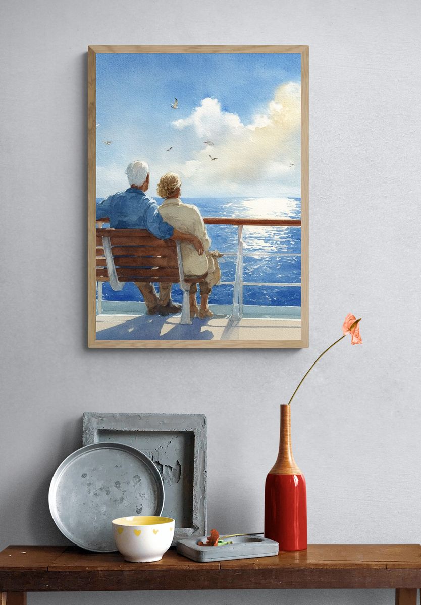 Seaside Couple Watercolor Poster. — room view 3