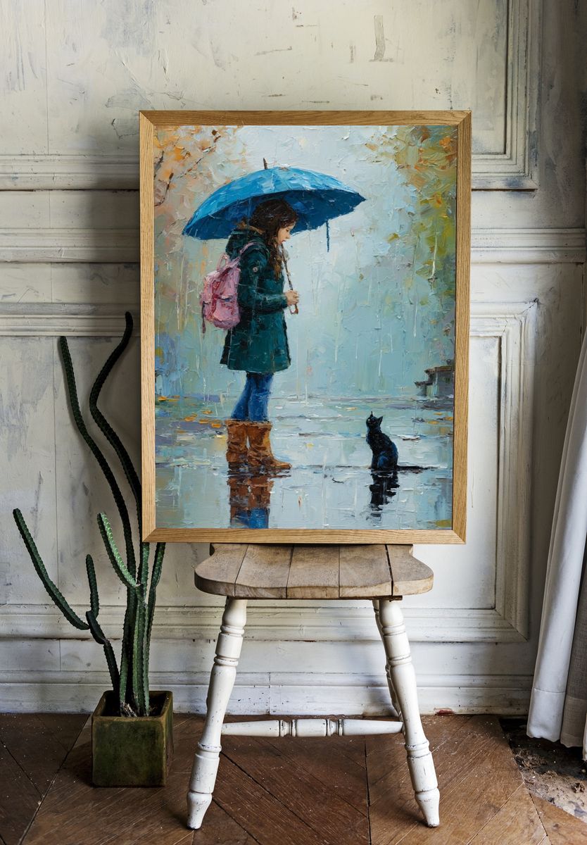 Girl with Umbrella Rainy Street Print. — room view 1