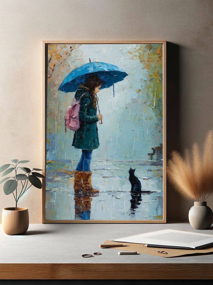 Girl with Umbrella Rainy Street Print. — room view 2
