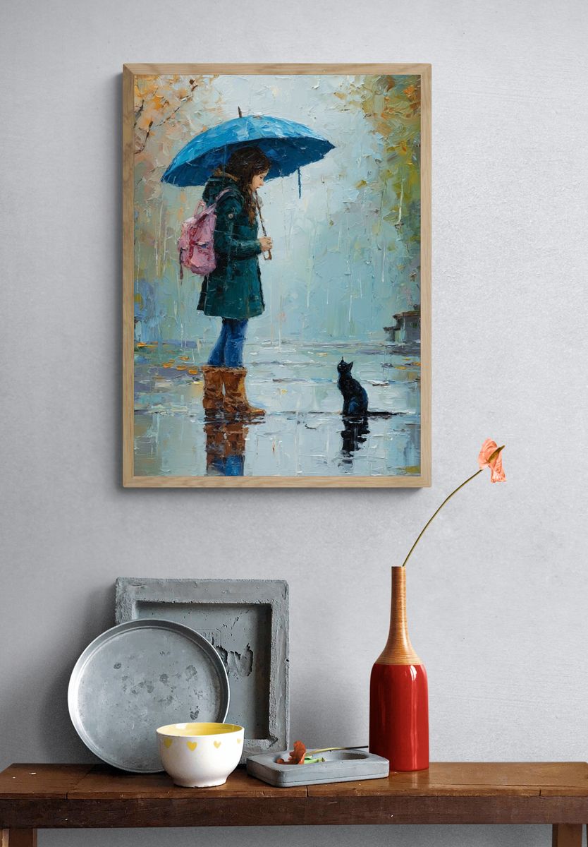 Girl with Umbrella Rainy Street Print. — room view 3