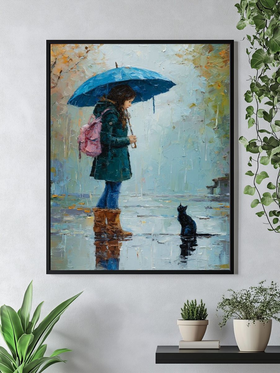 Girl with Umbrella Rainy Street Print. — room view 4