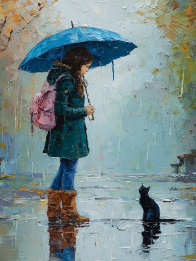 Girl with Umbrella Rainy Street Print. poster print