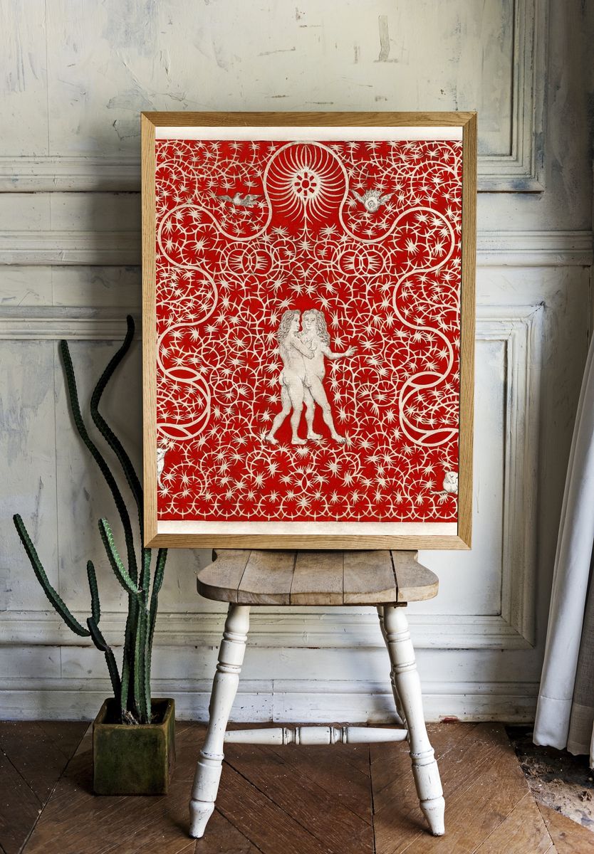 Red Baroque Cherubs Print room preview