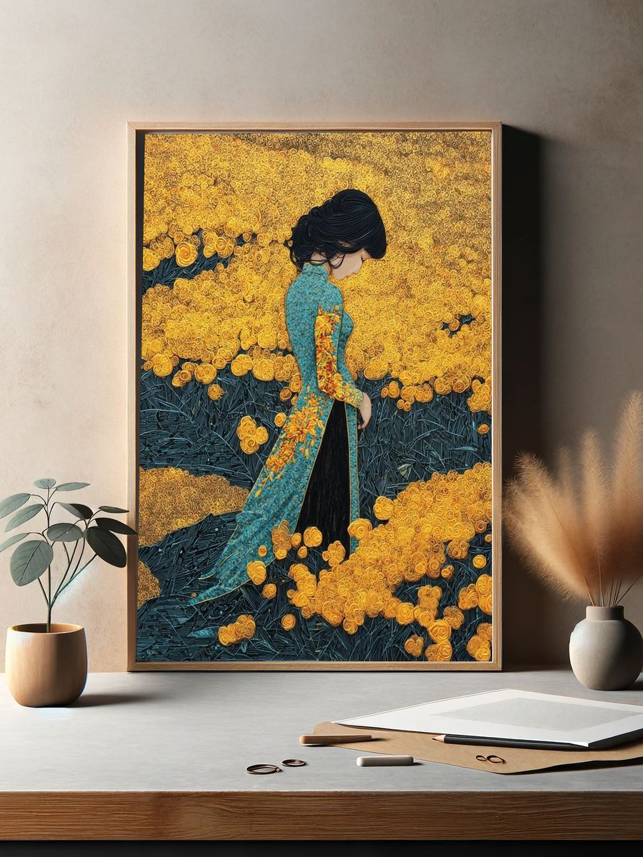 Golden Bloom Woman Contemporary Print. — room view 2