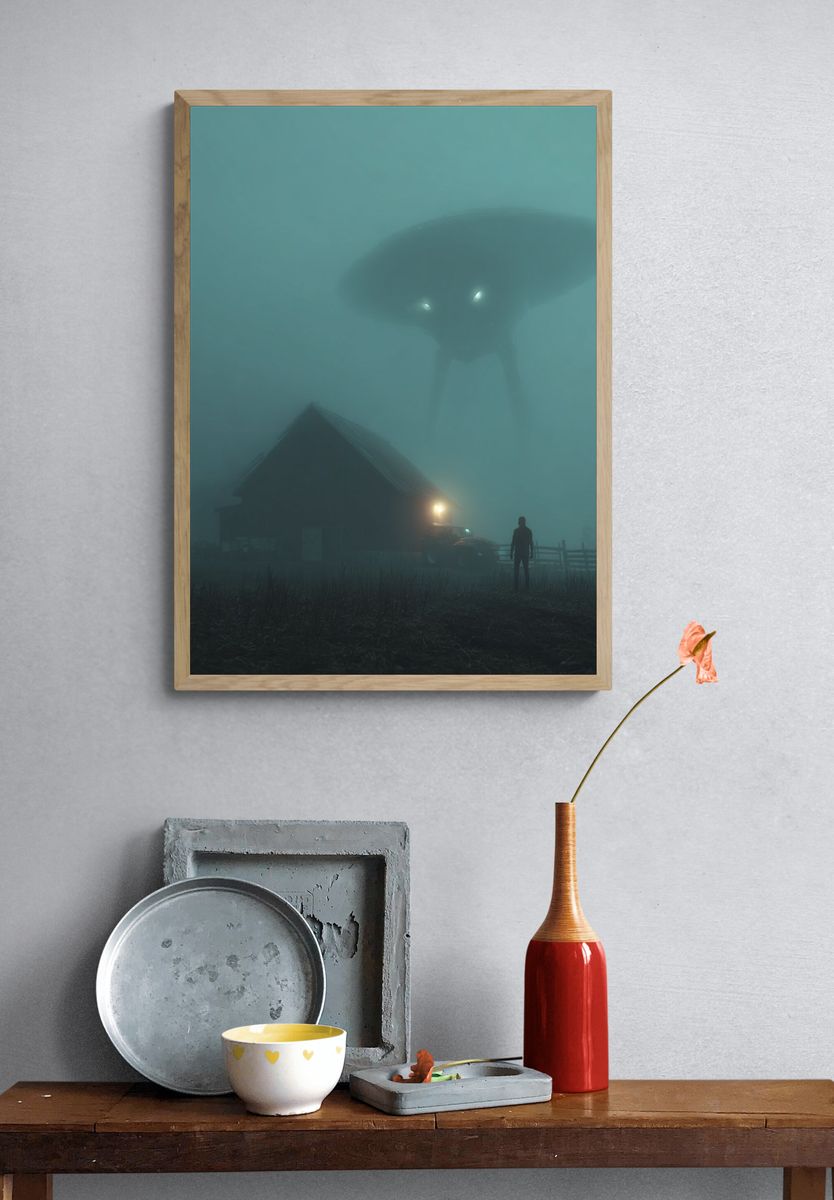Foggy UFO Encounter — Surreal Print. — room view 3