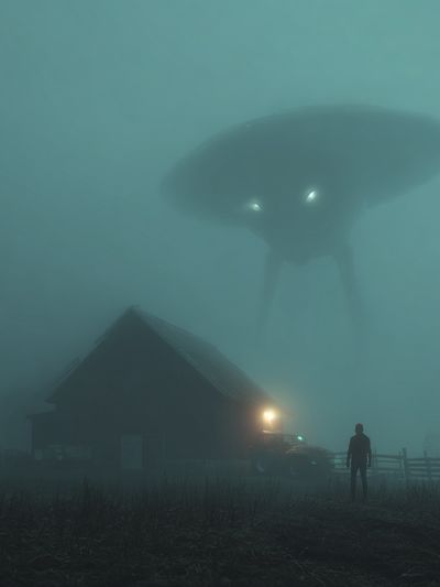 Foggy UFO Encounter — Surreal Print. poster print