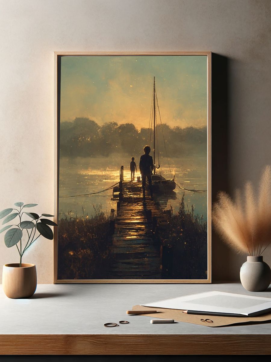 Sunset Dock Sailboat Print. — room view 2