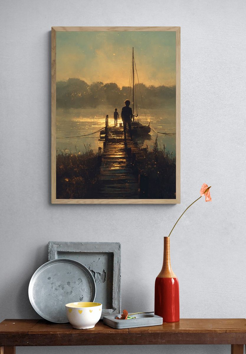 Sunset Dock Sailboat Print. — room view 3
