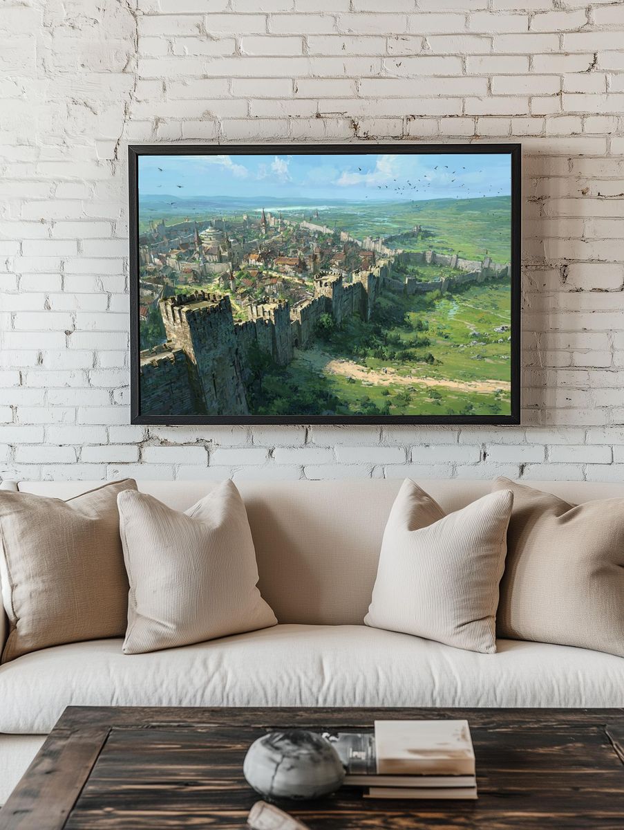 Medieval Walled City Landscape Print. — room view 1