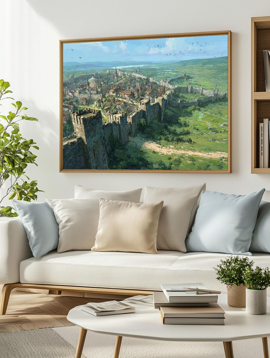 Medieval Walled City Landscape Print. — room view 2