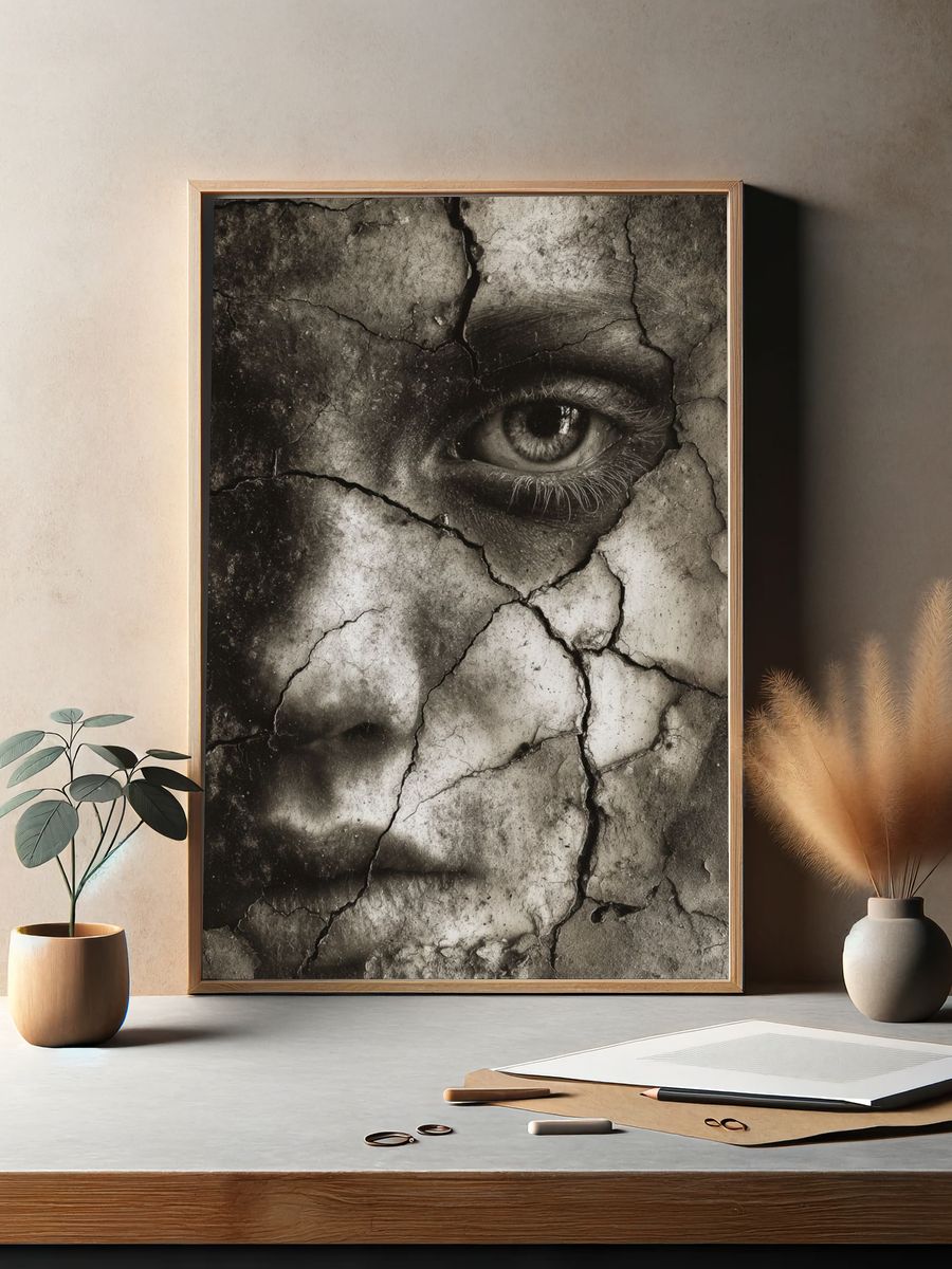 Cracked Face Portrait Print. — room view 2