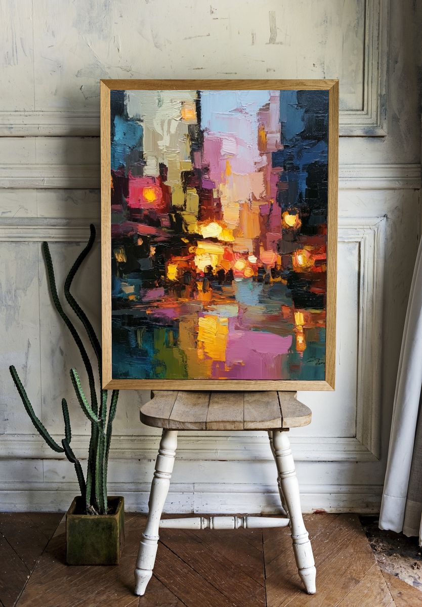 Neon City Reflections Abstract Poster. — room view 1