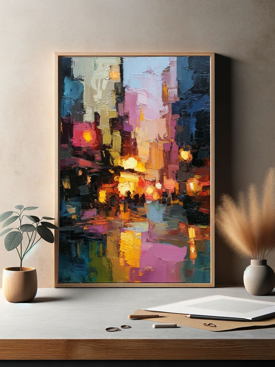 Neon City Reflections Abstract Poster. — room view 2
