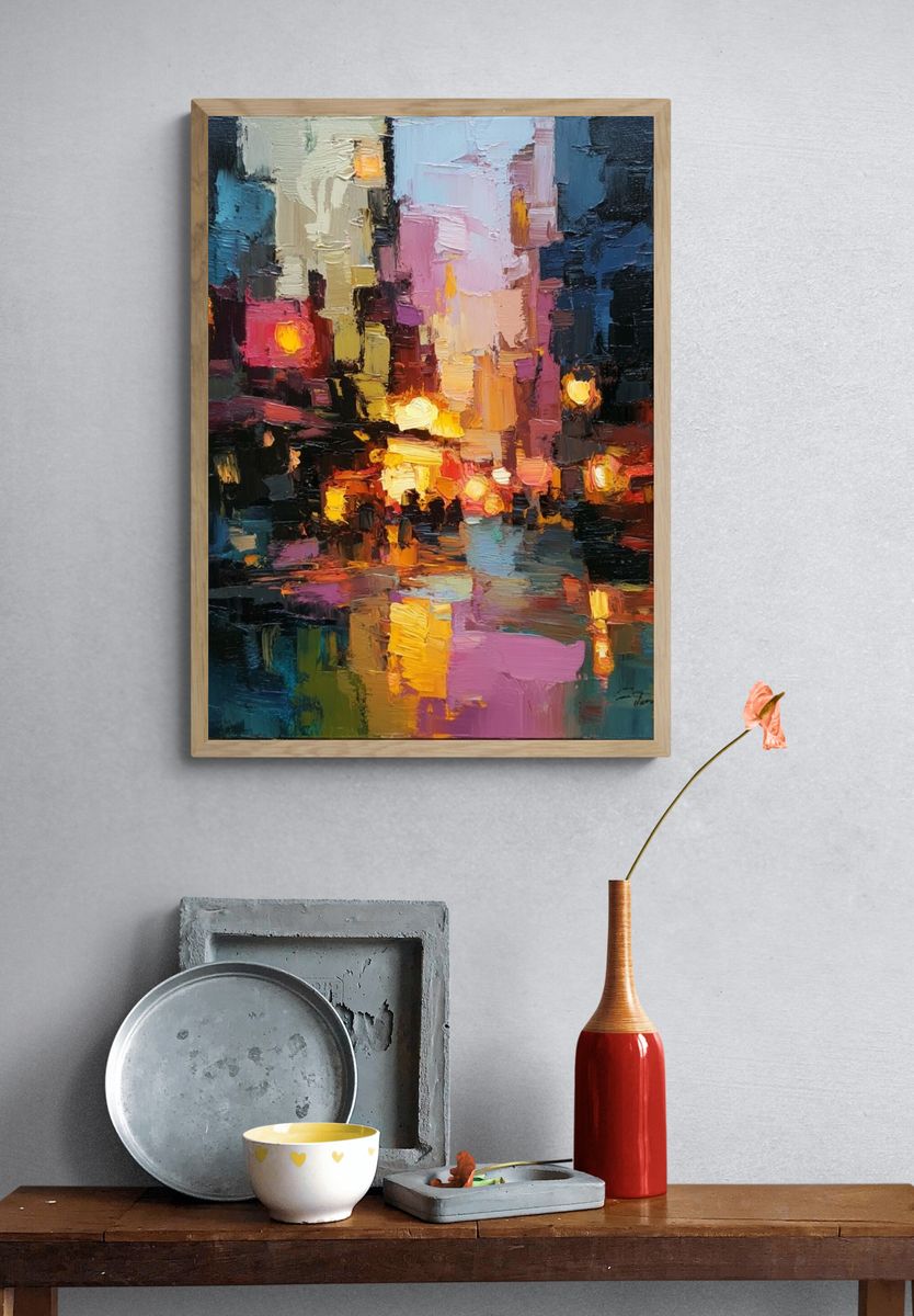 Neon City Reflections Abstract Poster. — room view 3