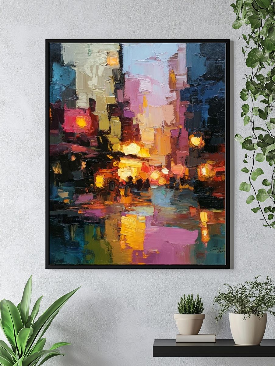 Neon City Reflections Abstract Poster. — room view 4