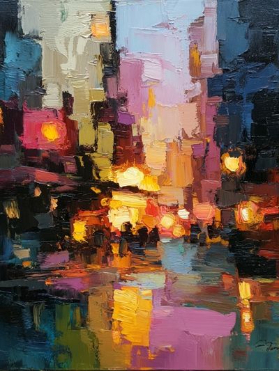 Neon City Reflections Abstract Poster. poster print