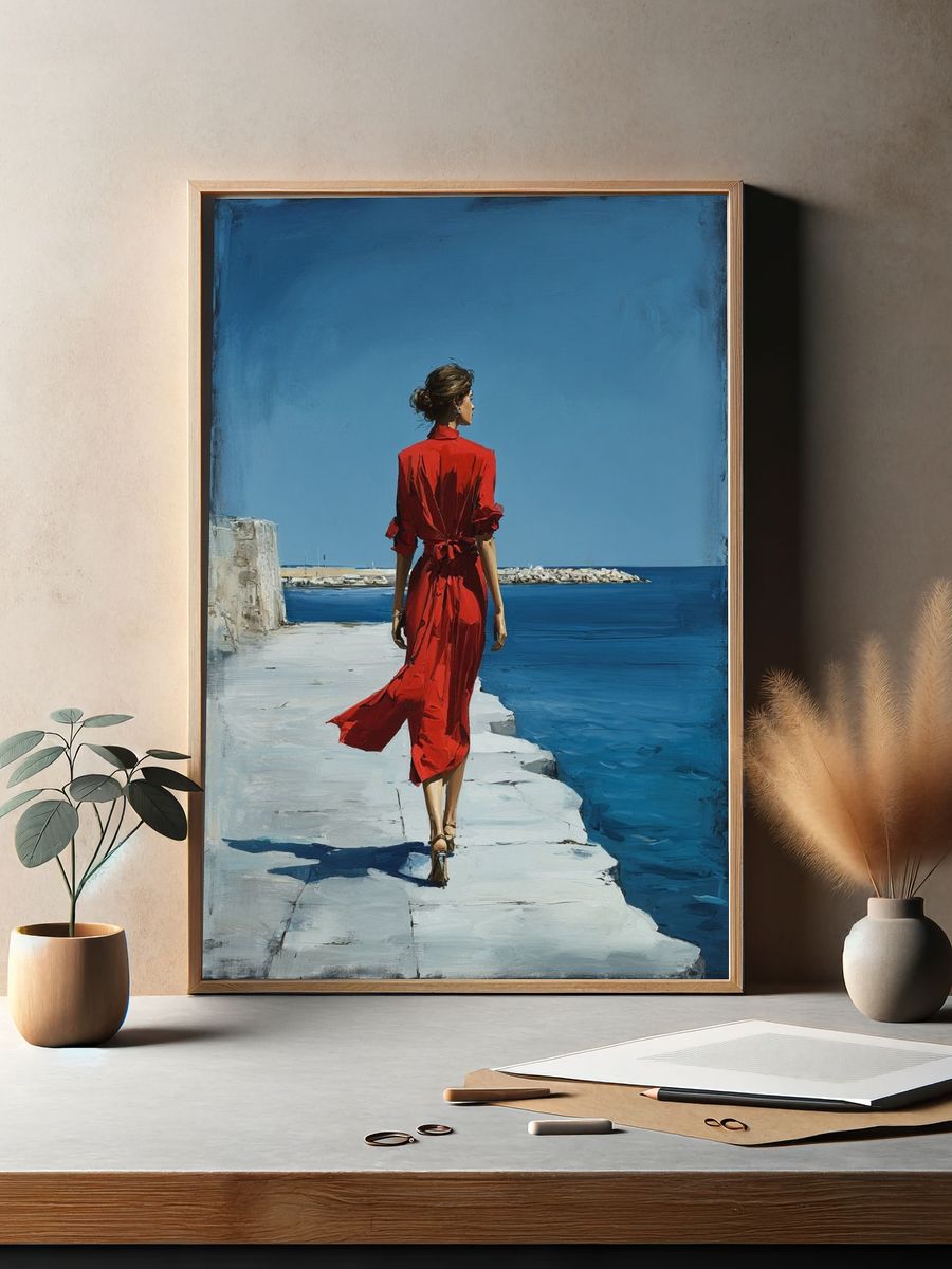 Red Dress by the Sea Print. — room view 2