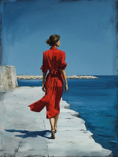 Red Dress by the Sea Print. poster print