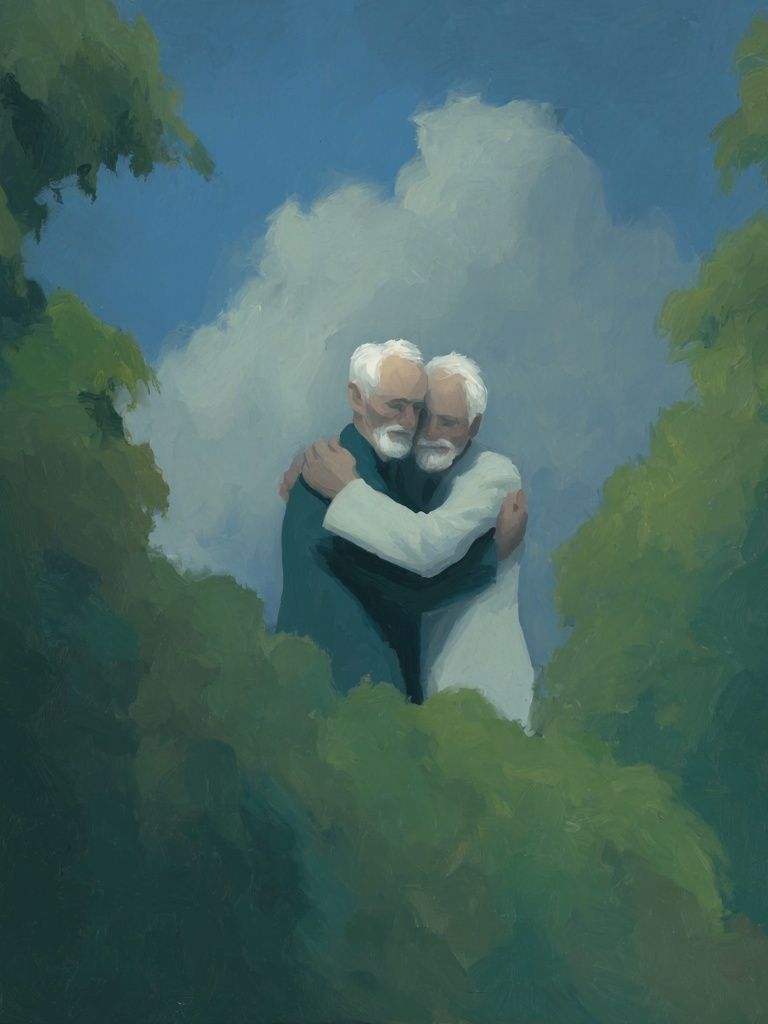Elderly Embrace in the Clouds Print. poster — fine-art art